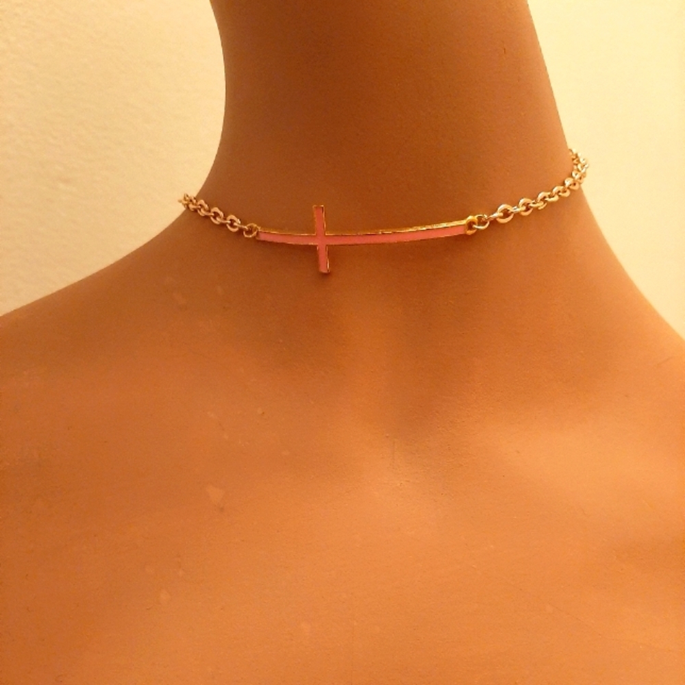 Baby Pink Cross on Gold Chain Necklace.